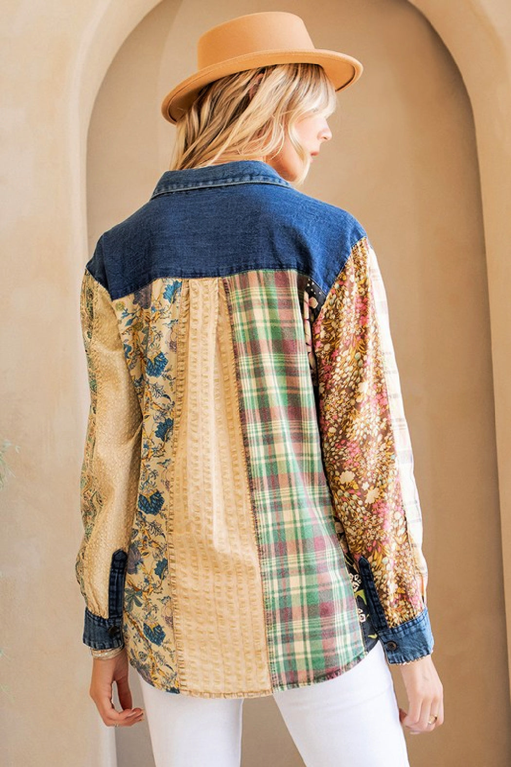 Western Boho Patchwork Denim Button Down Shirt