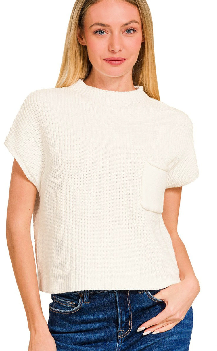 Mock Neck Short Sleeve Crop Sweater - Ivory