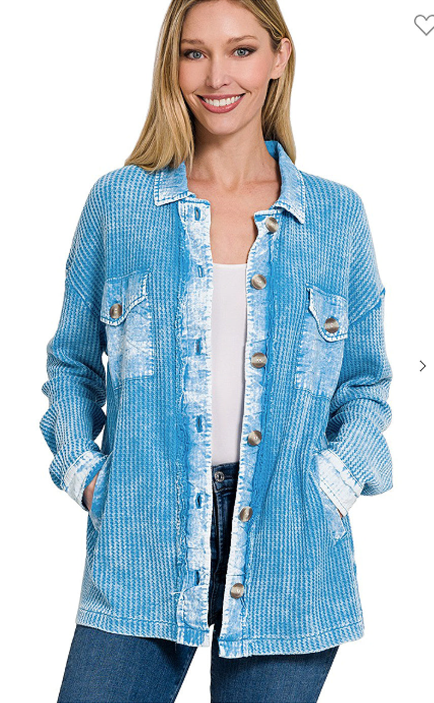 Acid Wash Waffle Knit Shacket - Deep Sky