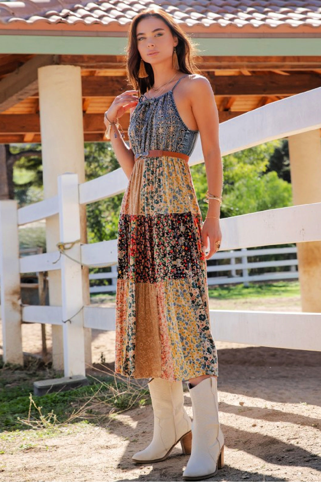 denim tiered maxi dress Wildflower Patchwork Maxi Dress XL