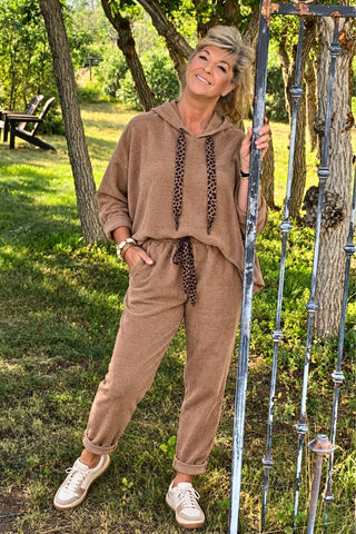 Corduroy Leopard Detail Pant and Hoodie Top Set - Brown