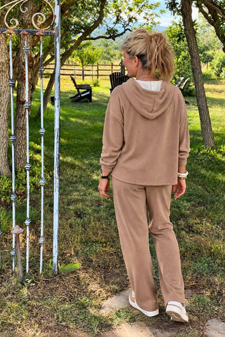 Corduroy Leopard Detail Pant and Hoodie Top Set - Brown