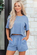 Sky Blue Textured Patchwork Raw Edge 2-Piece Shorts Lounge Set