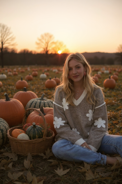 V Neck Floral Applique Sweater