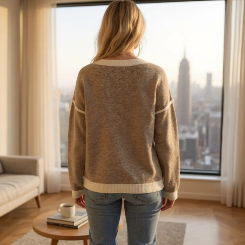V Neck Floral Applique Sweater