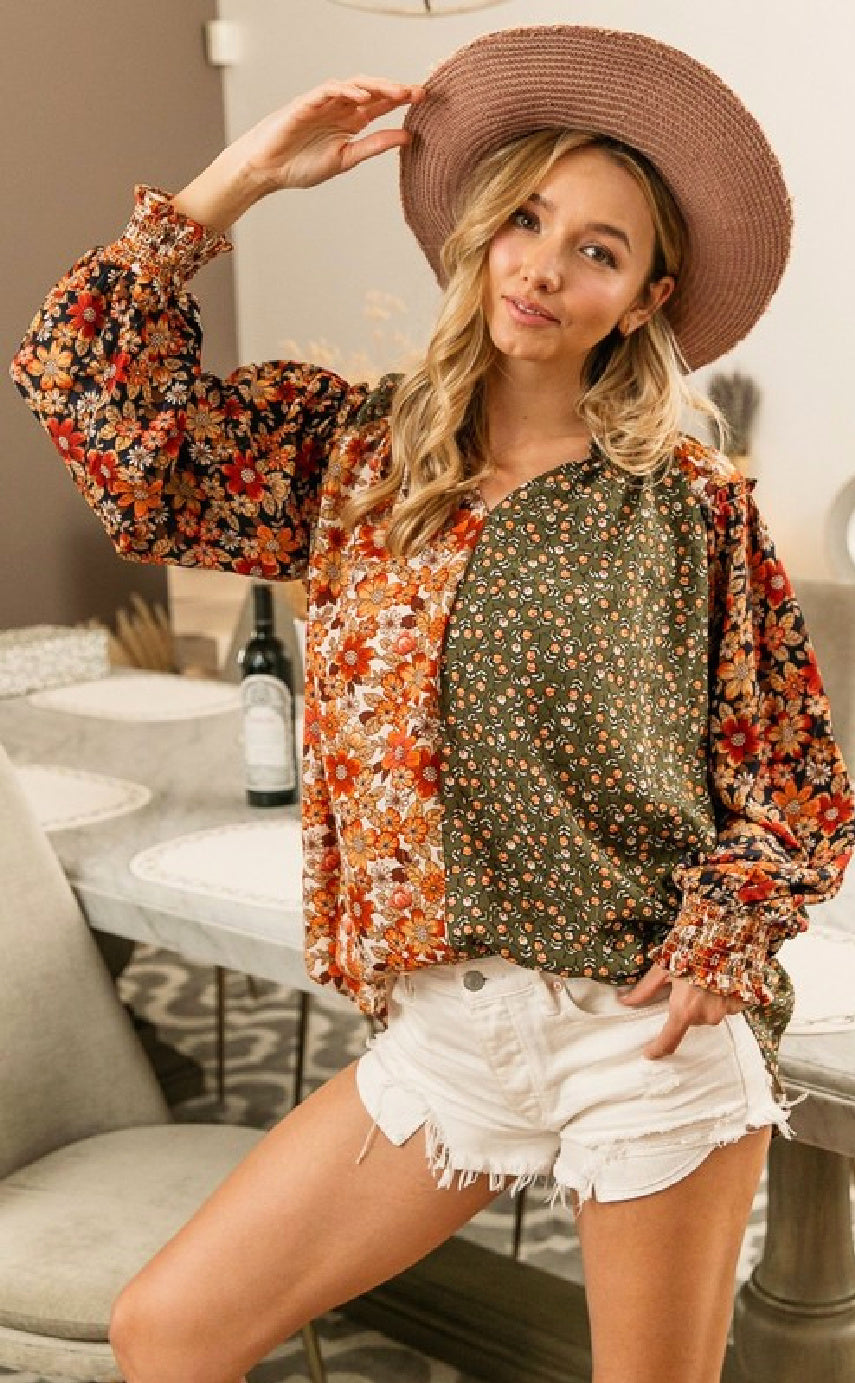 Mixed Print Peasant Top