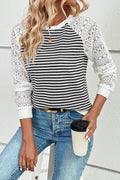 Luna Striped Knit Top with Contrast Hollowed Lace Sleeves