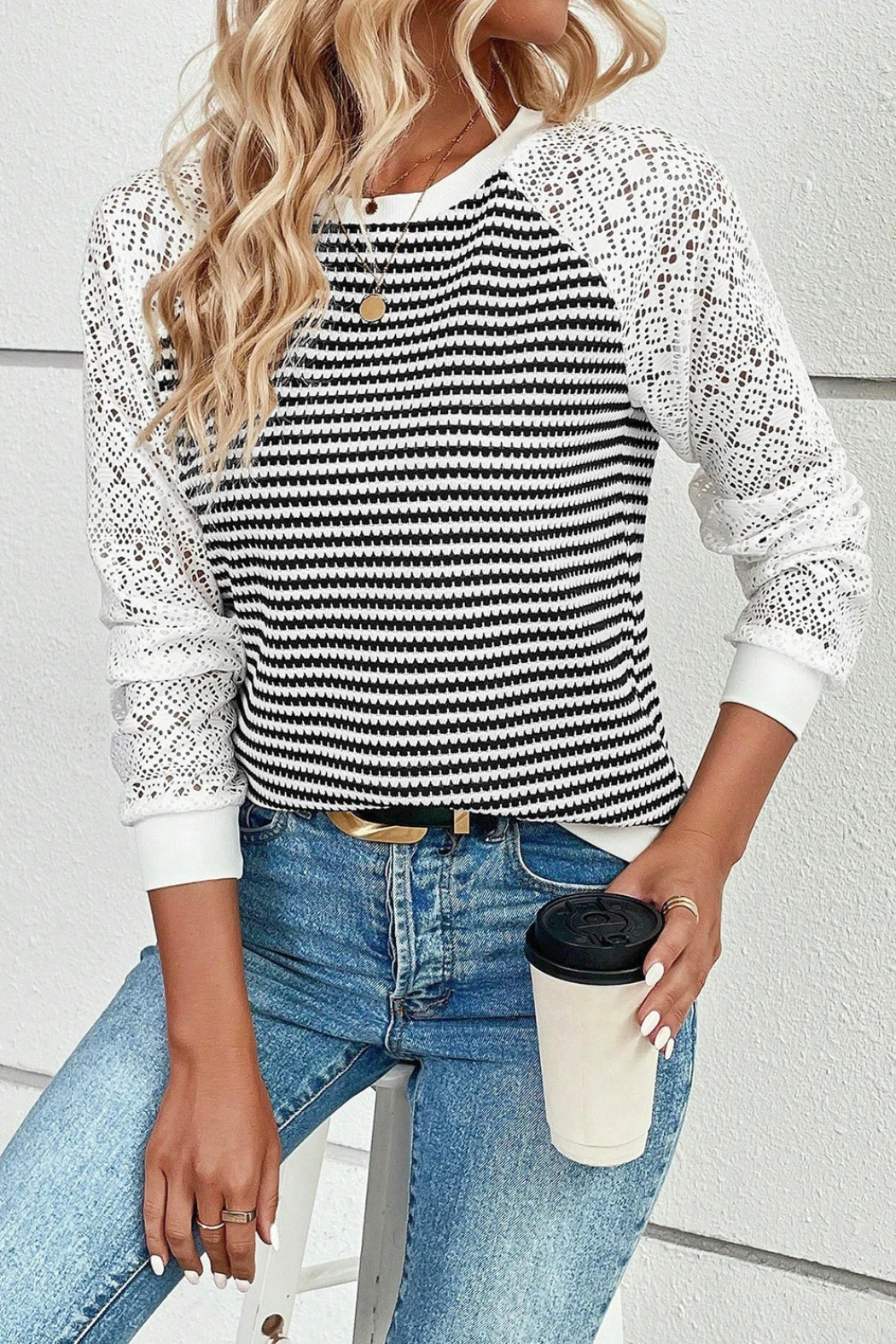 Luna Striped Knit Top with Contrast Hollowed Lace Sleeves