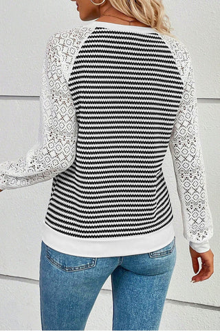 Luna Striped Knit Top with Contrast Hollowed Lace Sleeves