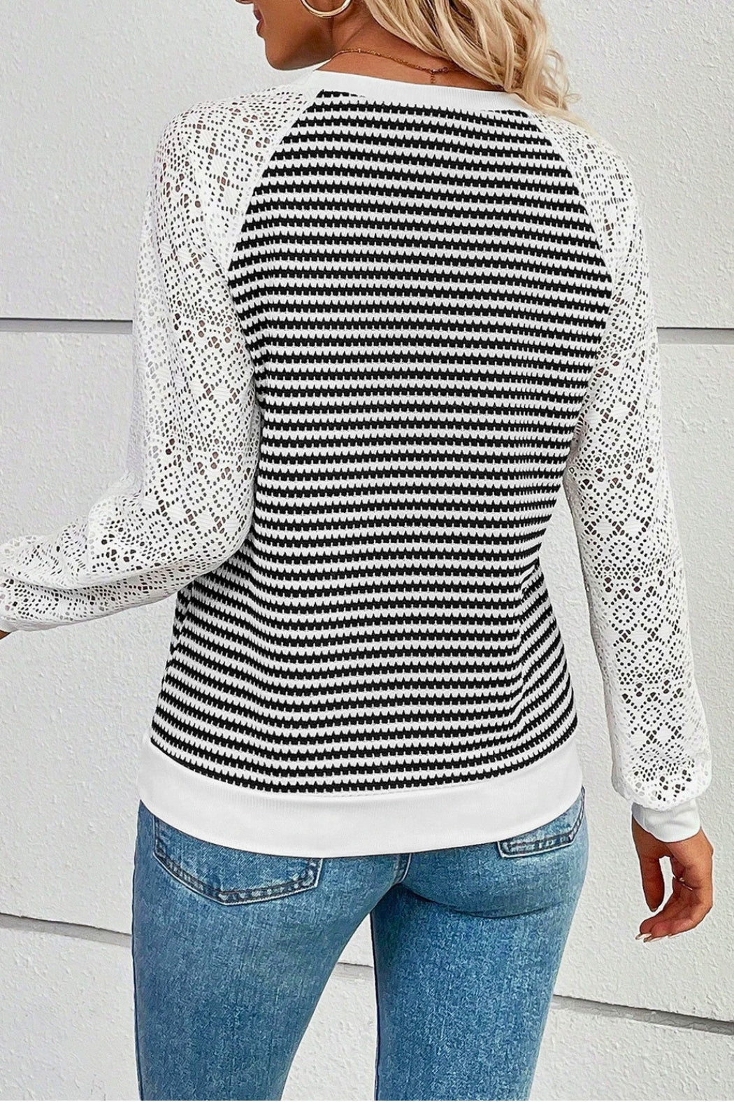 Luna Striped Knit Top with Contrast Hollowed Lace Sleeves