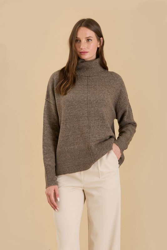 Front Seam Pullover Turtleneck Sweater - Dark Mocha