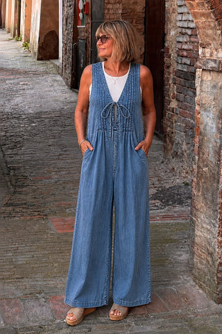 Dusk Blue Acid Wash Pintuck Wide Leg Denim Jumpsuit 👖✨