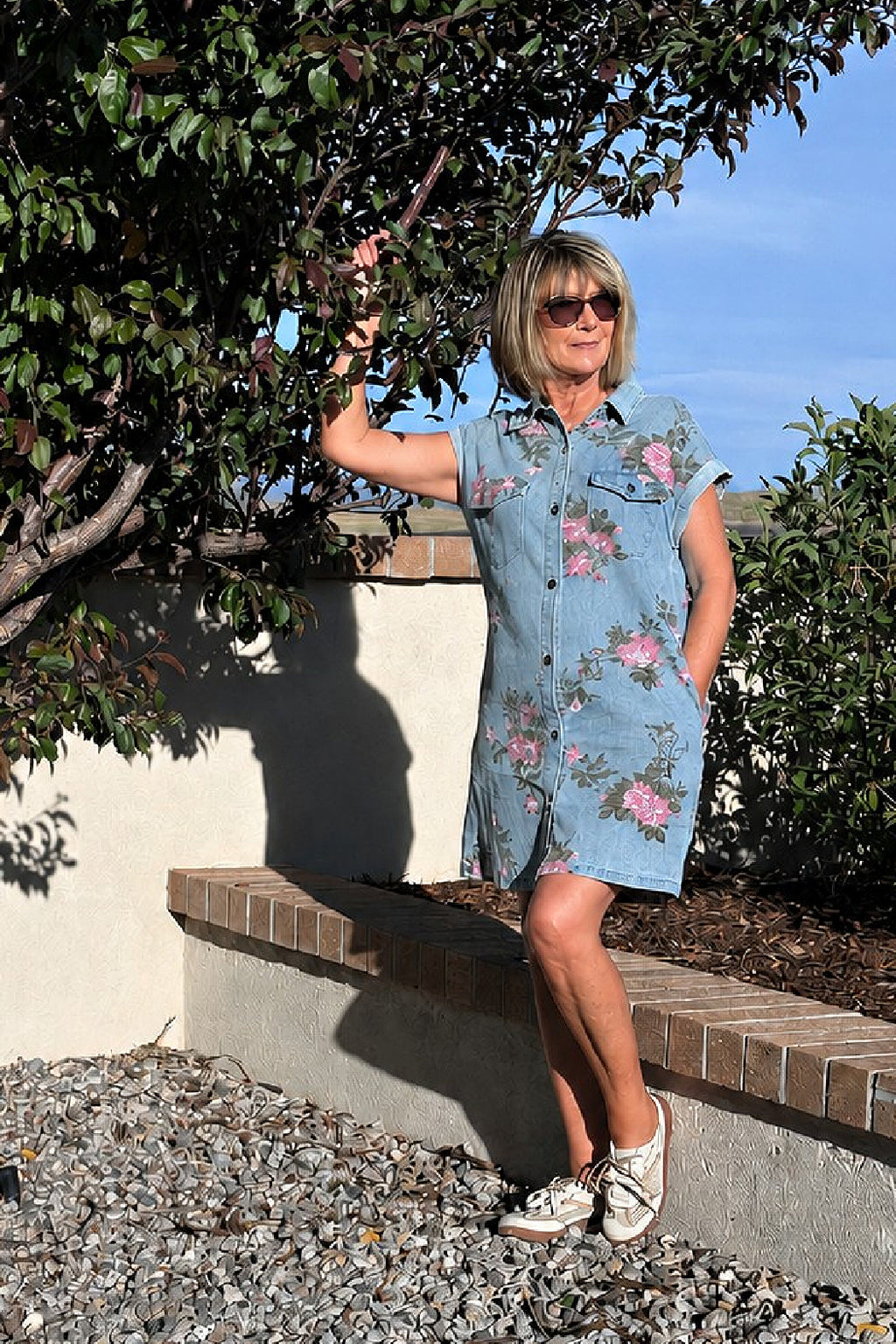Denim and Floral Button Down Shift Dress