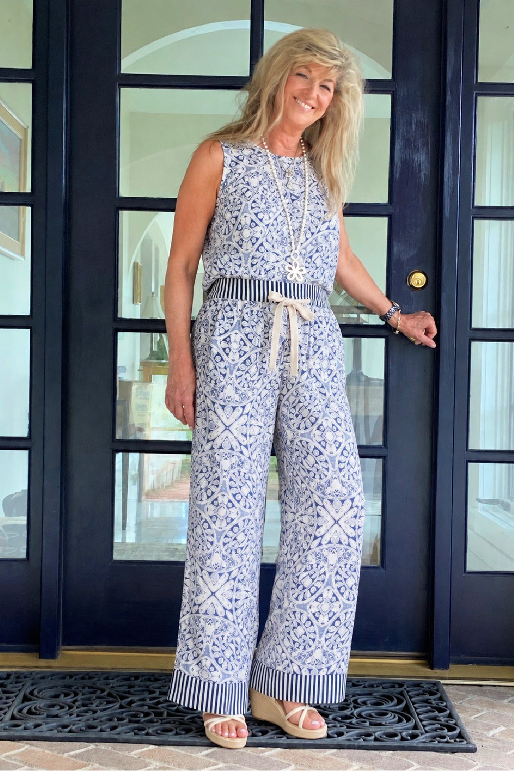 Mediterranean Tile Print Wide-Leg Two-Piece Set