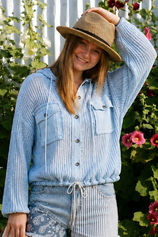 Blue Textured Cotton Hoodie