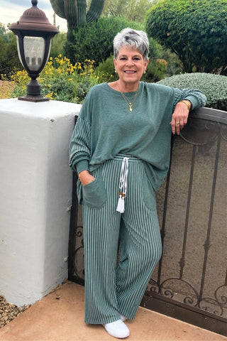 Green Bay Raw Seam Patchwork Set - Striped Lounge Top & Wide Leg Pants