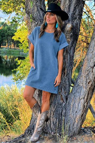 Washed Denim Back Button Pocket Dress