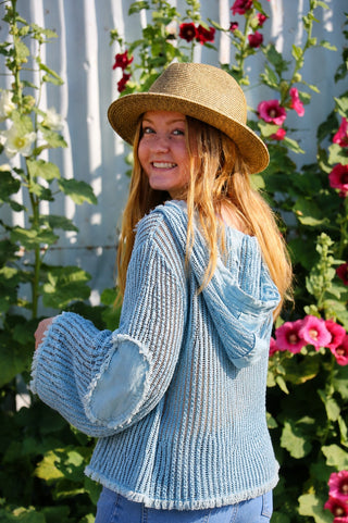 Blue Textured Cotton Hoodie