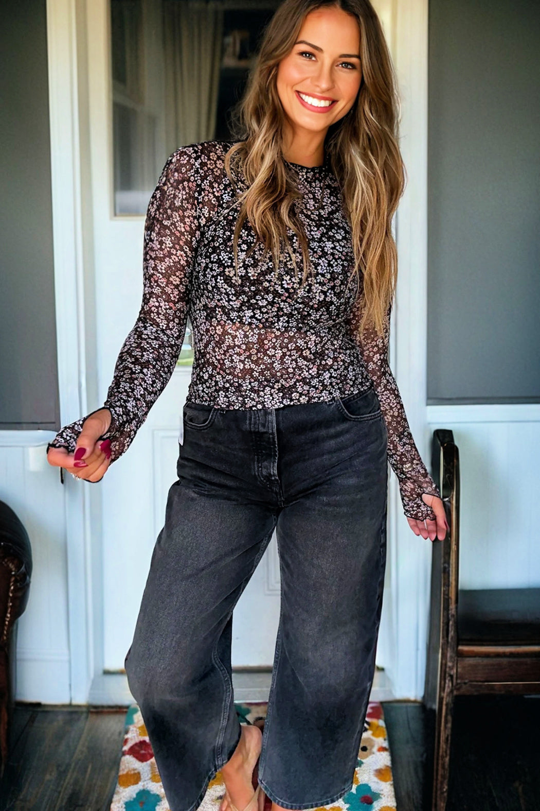 Black Ditsy Floral Mesh Top