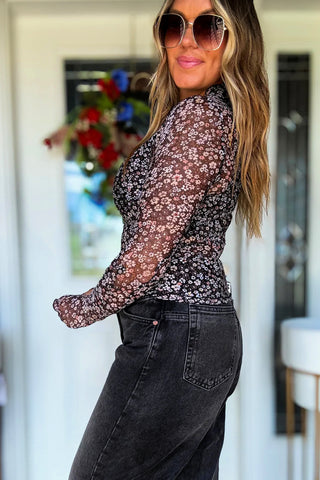 Black Ditsy Floral Mesh Top