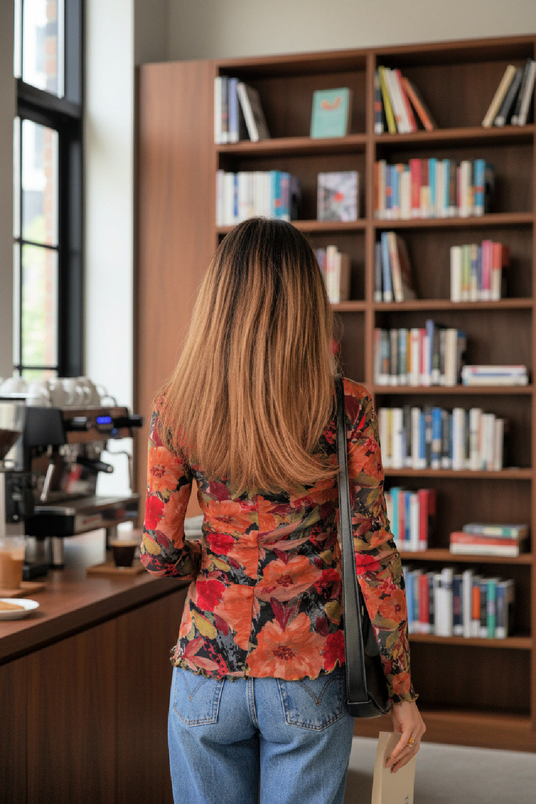 Multicolor Floral Print Lettuce Trim Long Sleeve Mesh Top