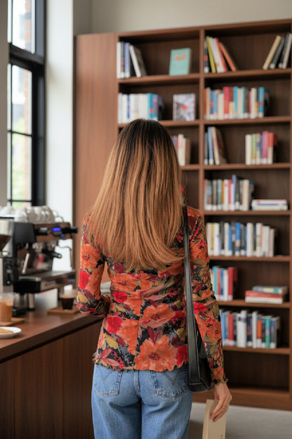 Multicolor Floral Print Lettuce Trim Long Sleeve Mesh Top