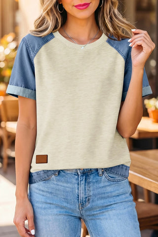 Denim Dreams Color Block Patchwork Tee – Effortless Boho Chic ✨