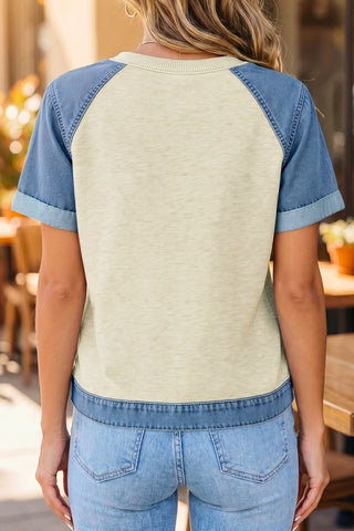 Denim Dreams Color Block Patchwork Tee – Effortless Boho Chic ✨