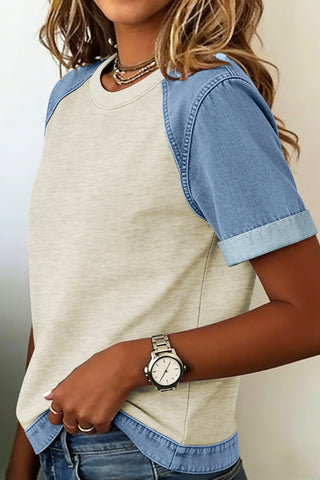 Denim Dreams Color Block Patchwork Tee – Effortless Boho Chic ✨
