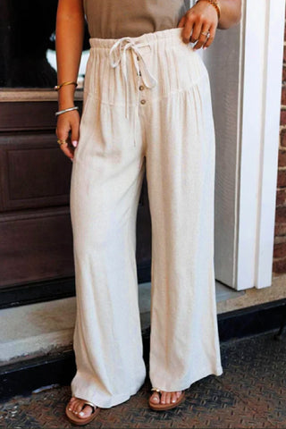 Off White Boho Pleated Wide-Leg Pants – Linen-Look Comfort
