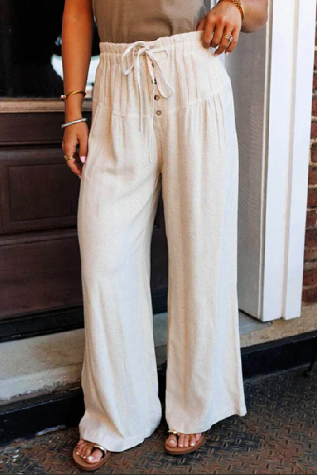 Off White Boho Pleated Wide-Leg Pants – Linen-Look Comfort