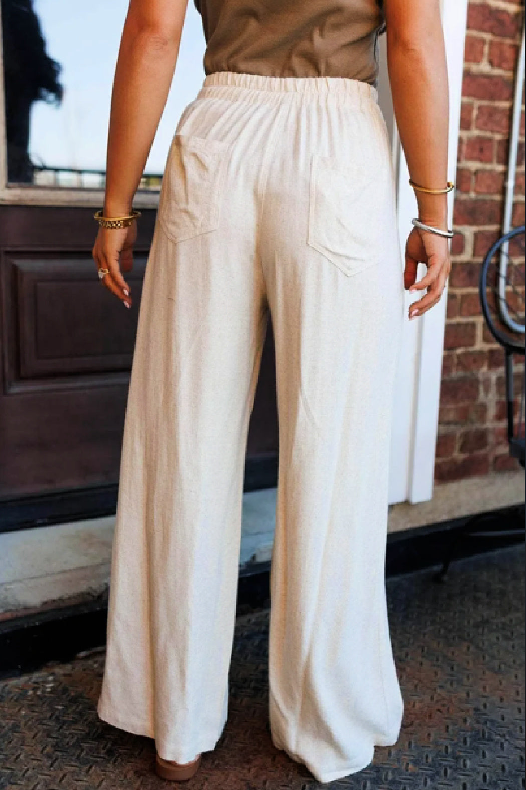 Off White Boho Pleated Wide-Leg Pants – Linen-Look Comfort