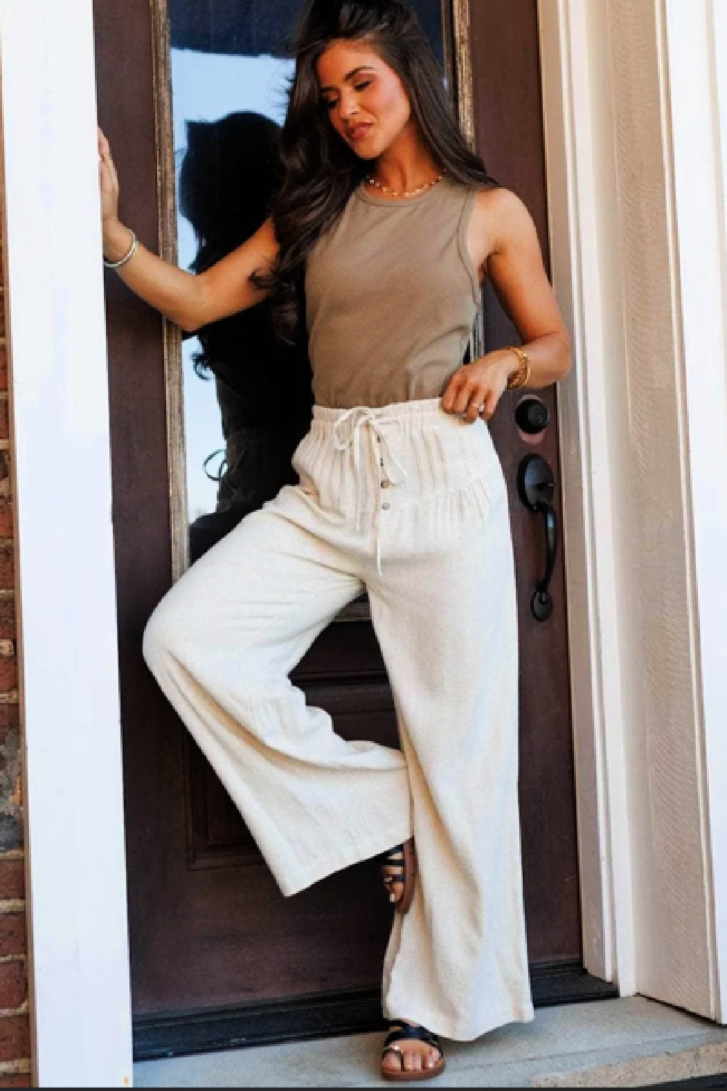 Off White Boho Pleated Wide-Leg Pants – Linen-Look Comfort