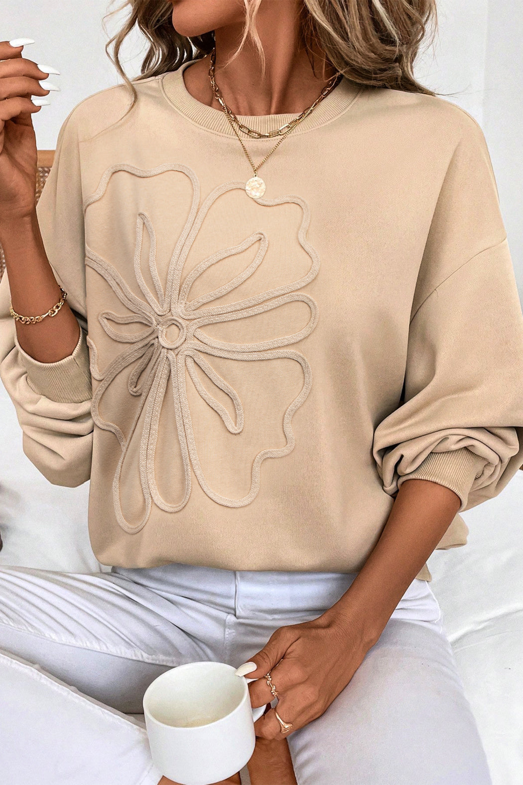 Petal & Plush: Floral Embroidered Relaxed Drop Shoulder Sweatshirt