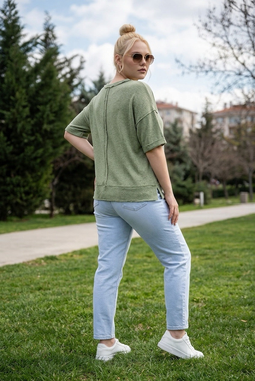 Sage V-Neck Raw Edge Knit Top – Relaxed Fit Short Sleeve