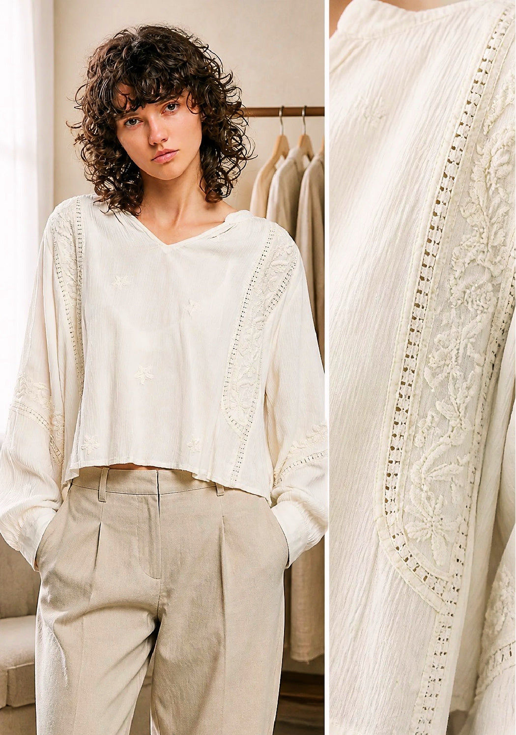 Aura Embroidered V-Neck Balloon Sleeve Blouse
