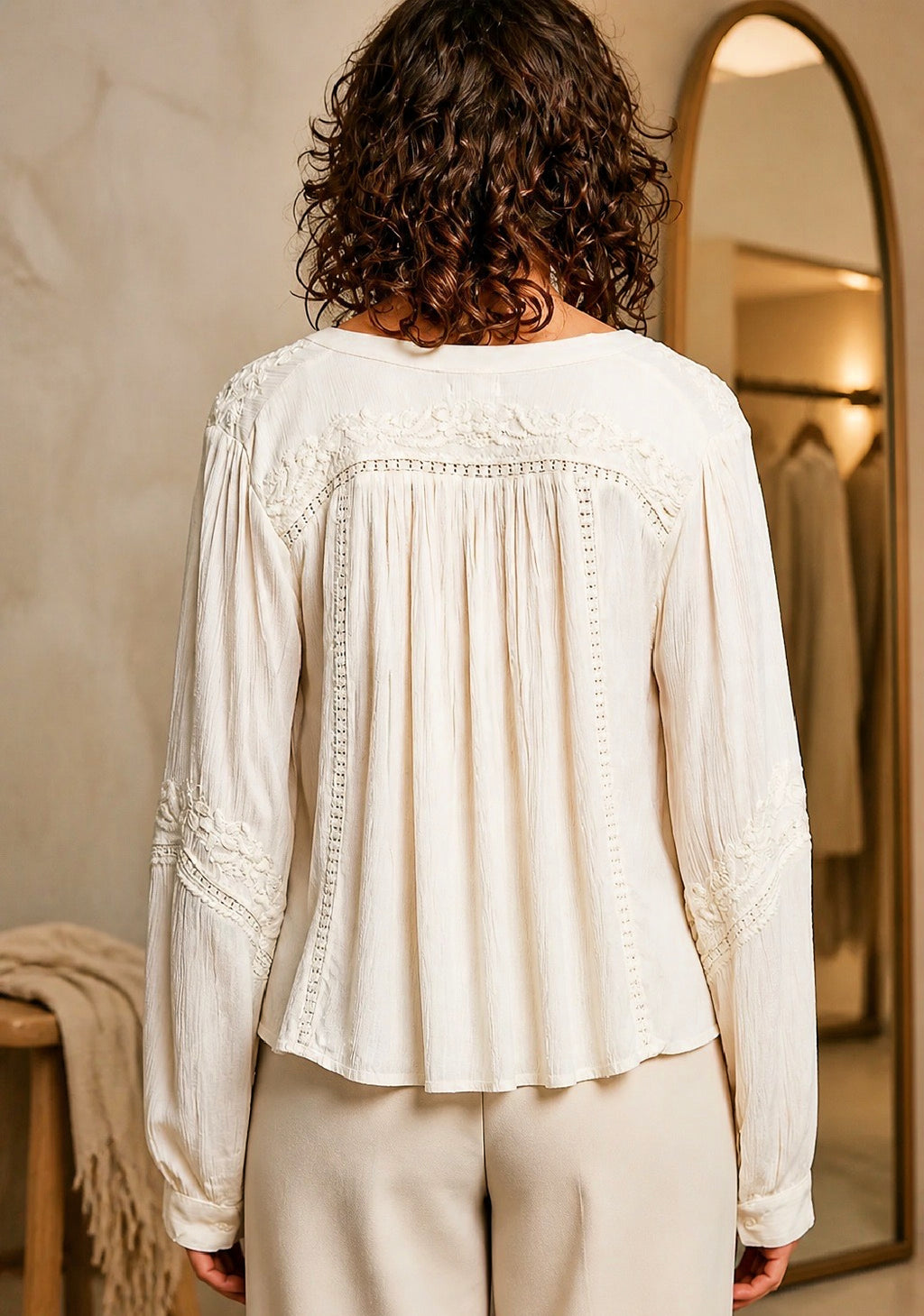 Aura Embroidered V-Neck Balloon Sleeve Blouse