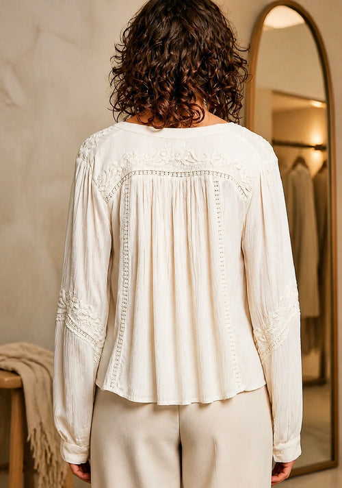Aura Embroidered V-Neck Balloon Sleeve Blouse