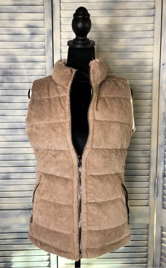 Faux Rabbit Reversible Vest - Tan/Cream