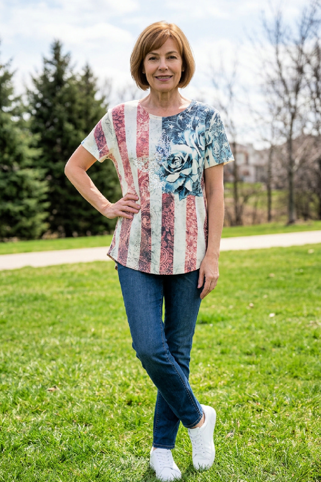 Sequin Star and Patriotic Rose Top