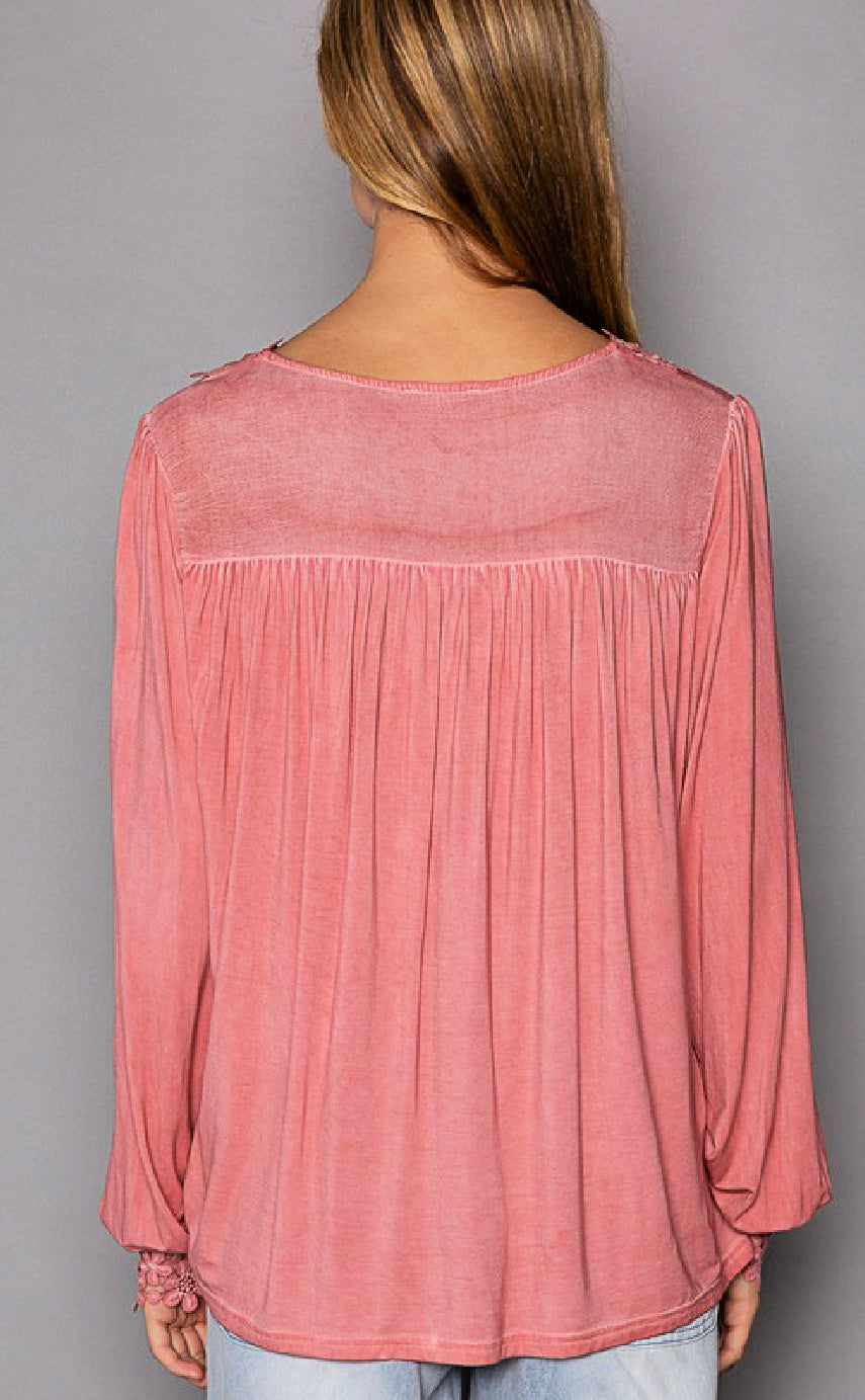 Long Sleeve Floral Lace Crochet Detail V-Neck Top - Guava