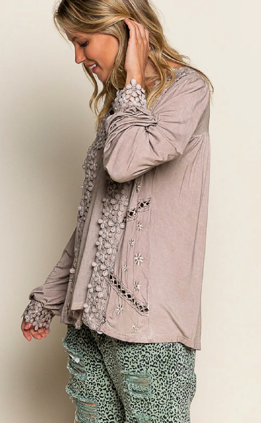 Long Sleeve Floral Lace Crochet Detail V-Neck Top - Romantic Taupe