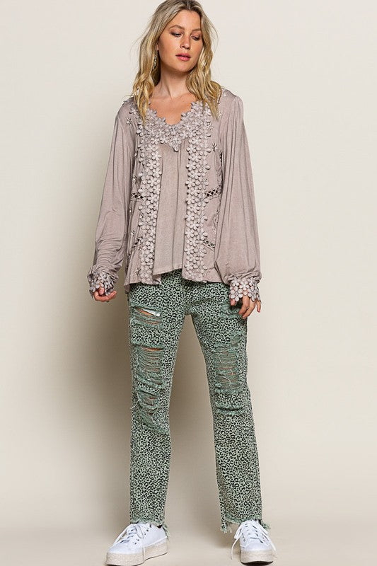 Long Sleeve Floral Lace Crochet Detail V-Neck Top - Romantic Taupe