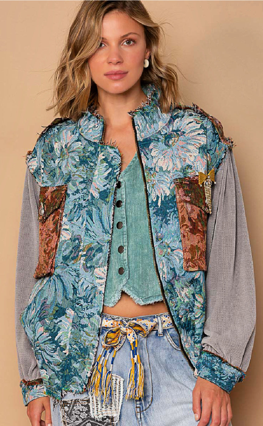 High Neck Zippered Tapestry Sweater