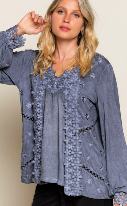 Long Sleeve Floral Lace Crochet Detail V-Neck Top - Charcoal Grey