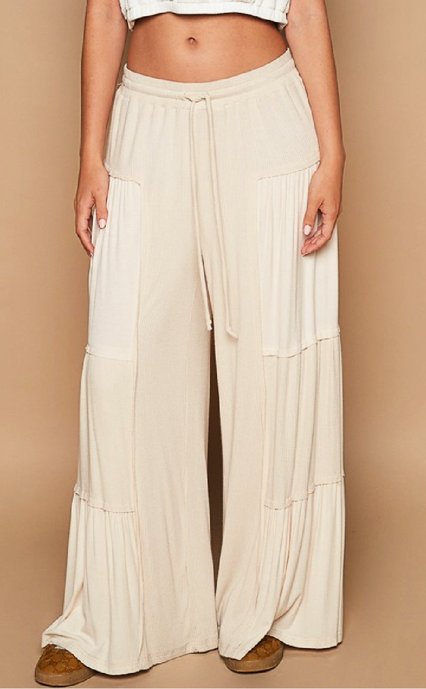 Ribbed Knit Wide Leg Pants - Sand Beige