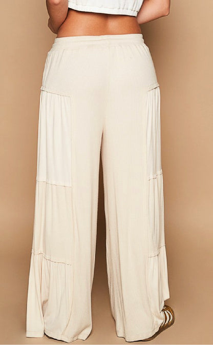 Ribbed Knit Wide Leg Pants - Sand Beige