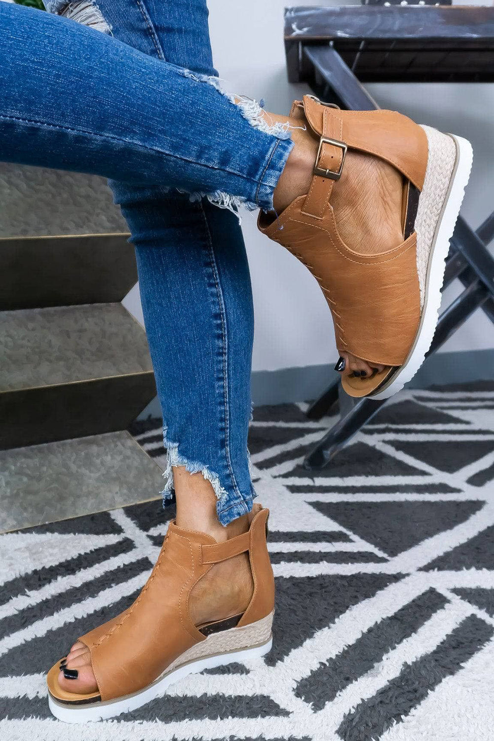 Maya Brown Cutout Buckle Platform Espadrille Sandals
