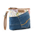 Myra denim and floral patterned handbag with 'Myra' branding 