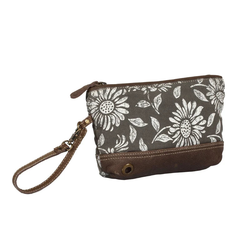 Sunflower white and grey floral patterned Myra Bag wristlet with brown leather accents 